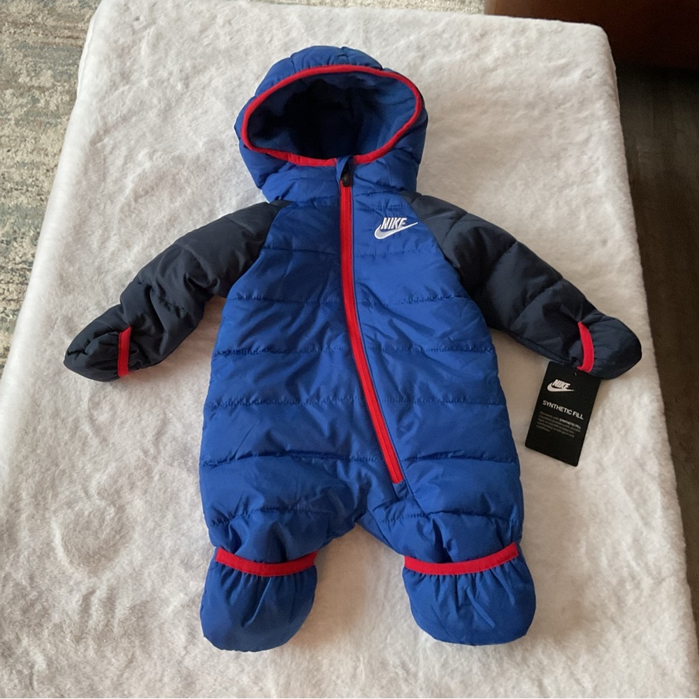 Nike NWT Newborn Unisex Blue & Red Hooded One-Piece Snowsuit with Footies